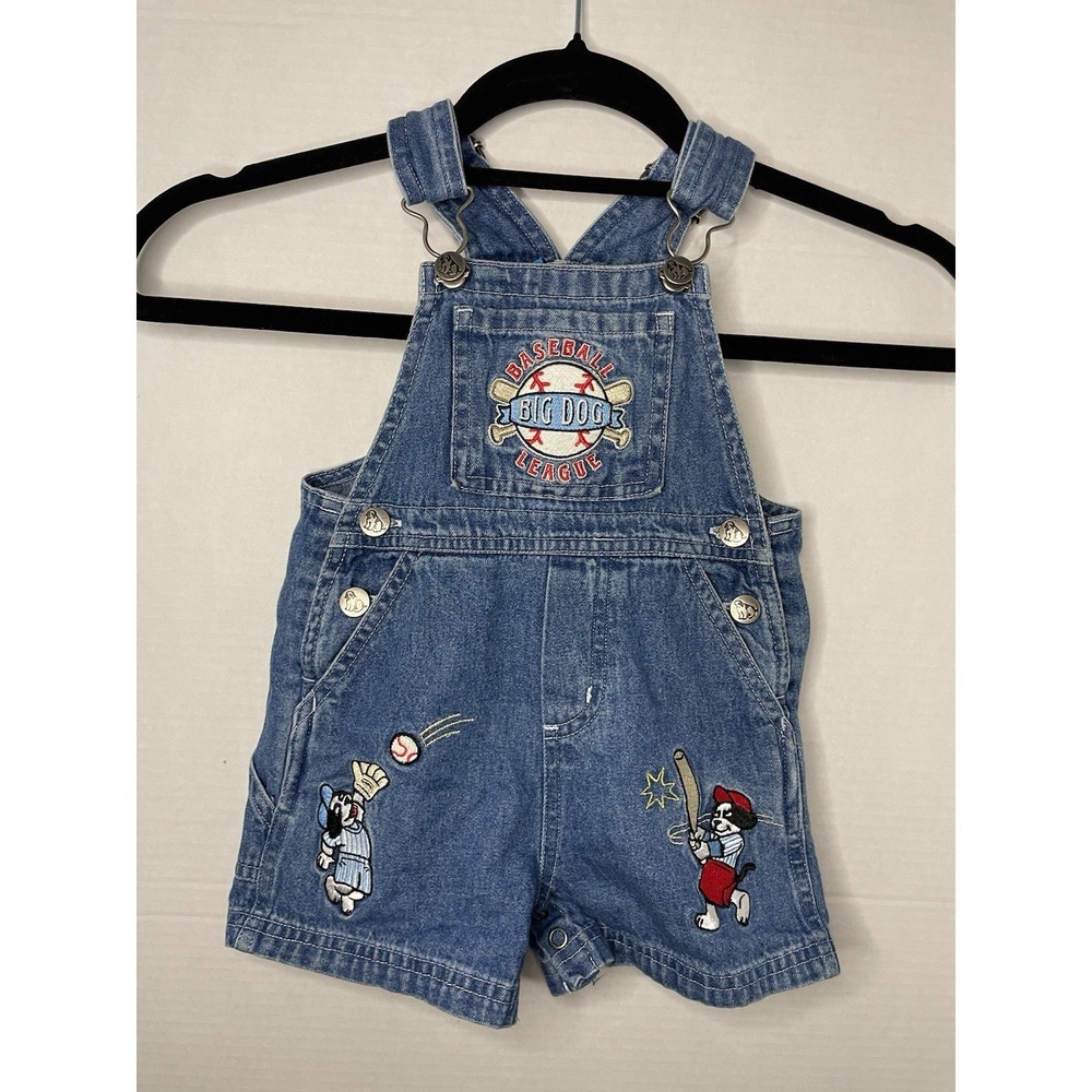 Vintage 90s Y2K Little Big Dogs Denim Shorts Overalls 6-12 Months Baseball